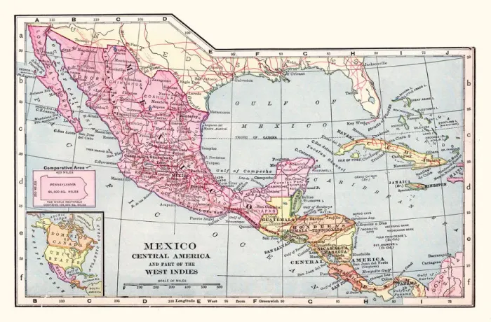 Framed Print : Mexico and Central America map 1892