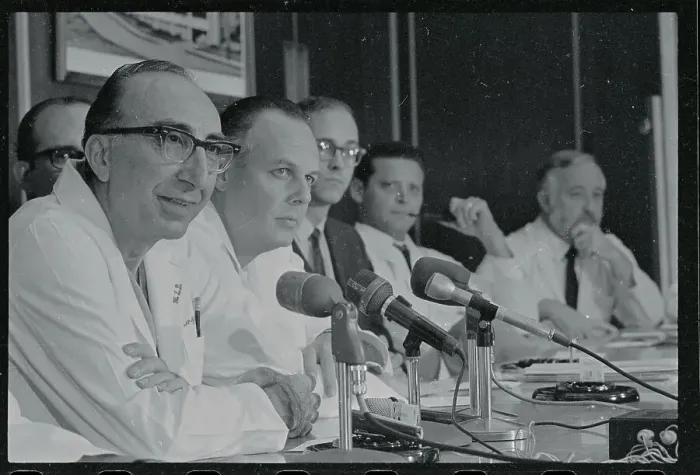 Framed Print : Michael DeBakey Speaking at Press Microphones Framed Print : Michael DeBakey Speaking at Press Microphones
