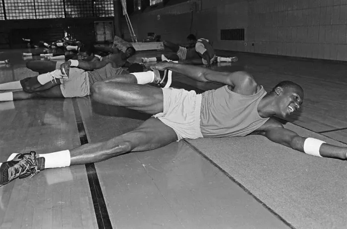 Framed Print : Michael Jordan Doing Stretching Exercises Framed Print : Michael Jordan Doing Stretching Exercises
