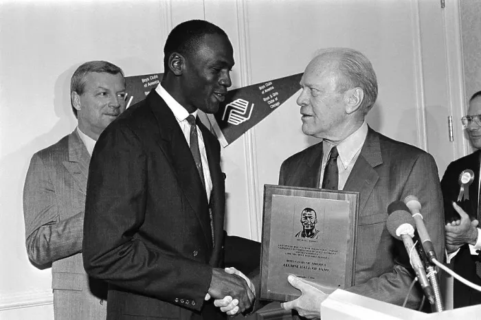 Framed Print : Michael Jordan Receiving Award From Gerald Ford Framed Print : Michael Jordan Receiving Award From Gerald Ford