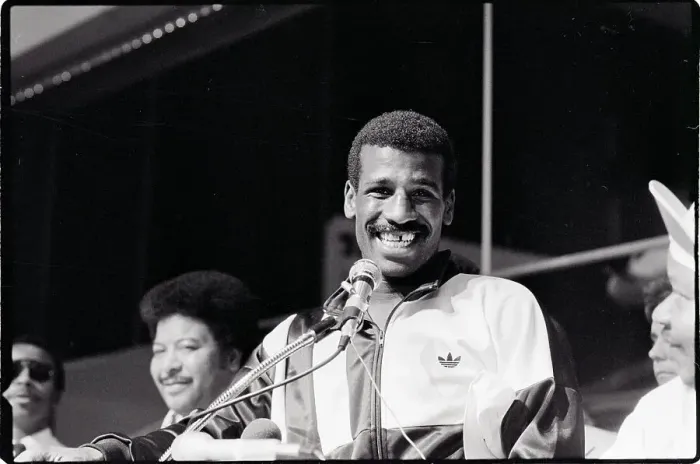 Framed Print : Michael Spinks Smiling at Press Conference Framed Print : Michael Spinks Smiling at Press Conference