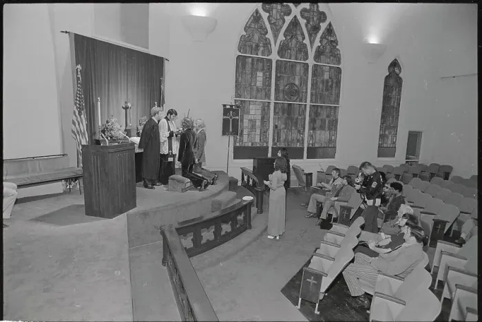 Framed Print : Michel Girouard and Rejean Tremblay Kneeling at Church Altar