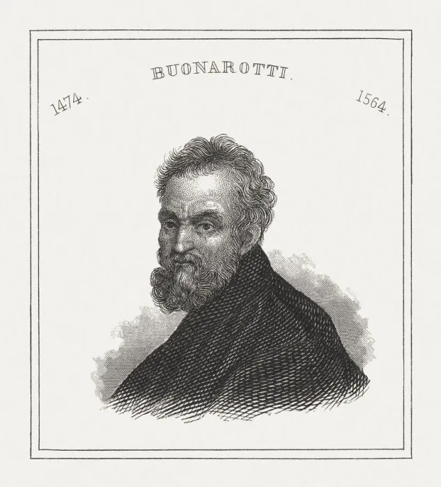 Framed Print : Michelangelo Buonarroti (1475-1564), Italian universal artist, steel engraving, published 1843 Framed Print : Michelangelo Buonarroti (1475-1564), Italian universal artist, steel engraving, published 1843