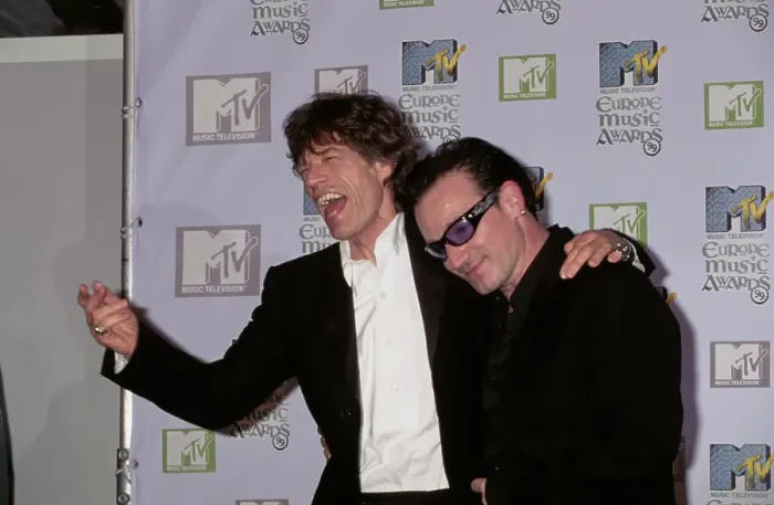 Framed Print : Mick Jagger And Bono Attend 1999 MTV EMA Framed Print : Mick Jagger And Bono Attend 1999 MTV EMA