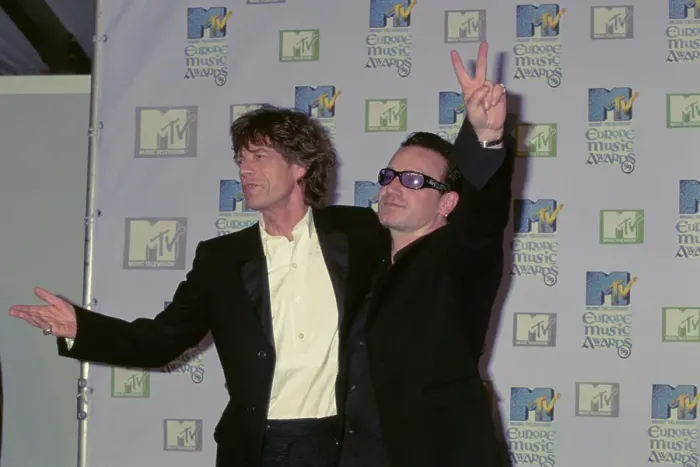 Framed Print : Mick Jagger And Bono Attend 1999 MTV EMA Framed Print : Mick Jagger And Bono Attend 1999 MTV EMA