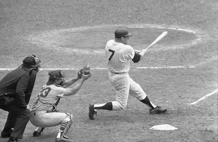 Framed Print : Mickey Mantle Batting in Yankees Versus Washington at Yankee Stadium Framed Print : Mickey Mantle Batting in Yankees Versus Washington at Yankee Stadium