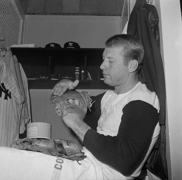 Framed Print : Mickey Mantle Conditioning His Baseball Glove