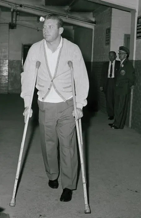 Framed Print : Mickey Mantle On Crutches After Injury Framed Print : Mickey Mantle On Crutches After Injury