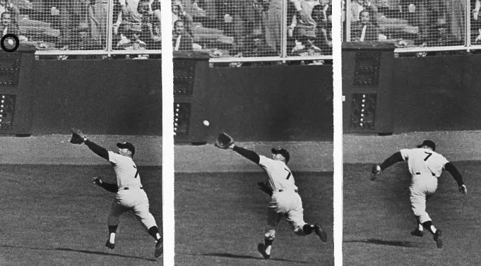 Framed Print : Mickey Mantle Fielding Ball in First World Series Perfect Game Framed Print : Mickey Mantle Fielding Ball in First World Series Perfect Game
