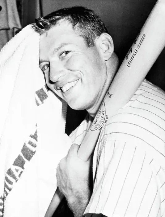 Framed Print : Mickey Mantle Holding Baseball Bat in Locker Room Framed Print : Mickey Mantle Holding Baseball Bat in Locker Room