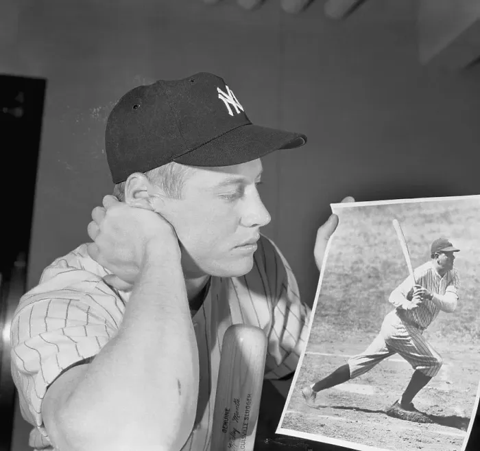Framed Print : Mickey Mantle Holding Picture of Babe Ruth Framed Print : Mickey Mantle Holding Picture of Babe Ruth