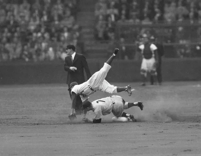 Framed Print : Mickey Mantle Knocks Down Pee Wee Reese