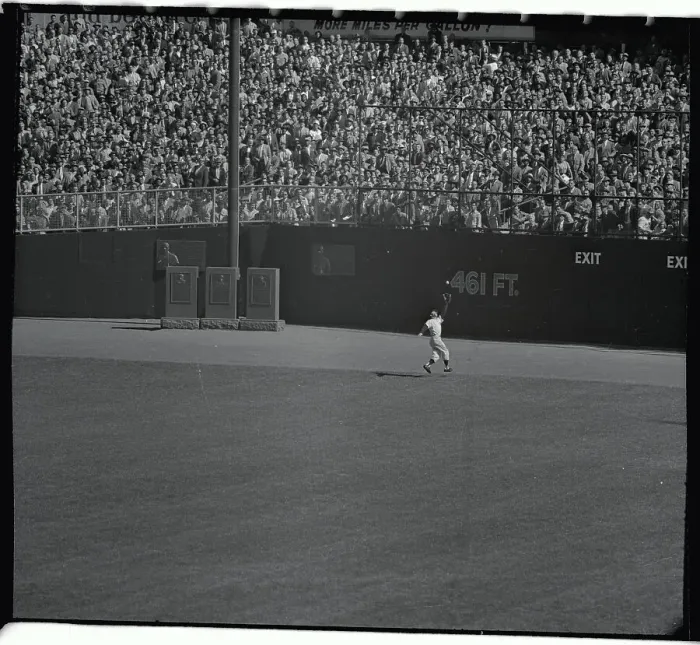 Framed Print : Mickey Mantle Running Back to Catch Ball