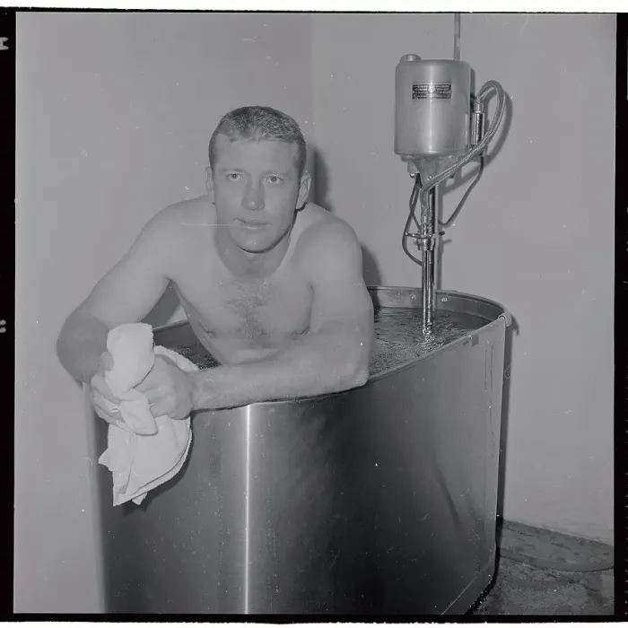 Framed Print : Mickey Mantle Sitting in Hot Tub as Trainer Stands Nearby Framed Print : Mickey Mantle Sitting in Hot Tub as Trainer Stands Nearby