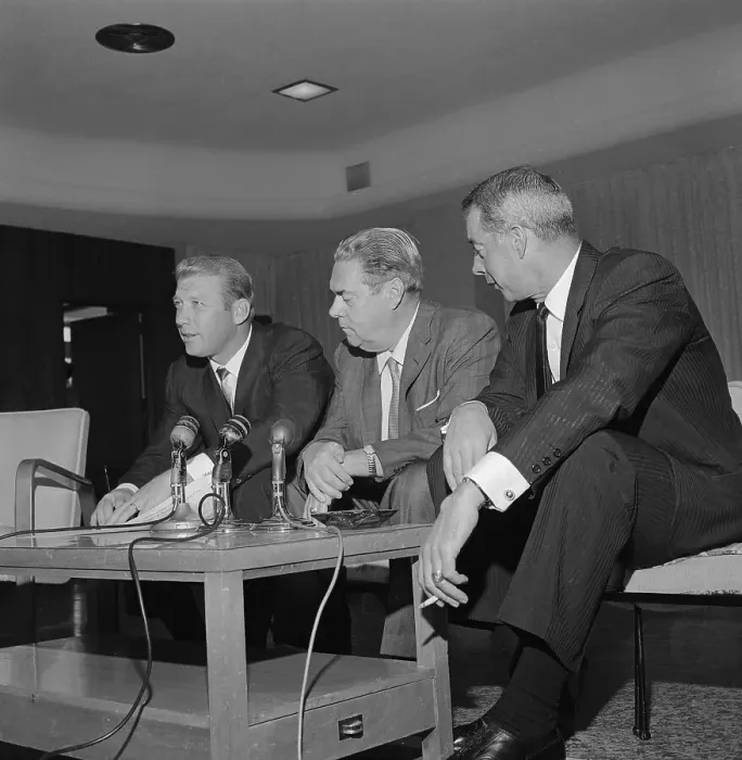 Framed Print : Mickey Mantle Sitting at Microphones at His Contract Signing Framed Print : Mickey Mantle Sitting at Microphones at His Contract Signing