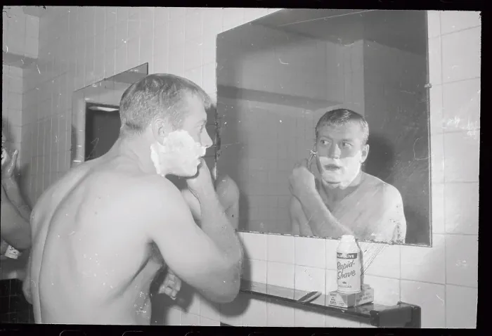 Framed Print : Mickey Mantle Standing in Front of Mirror Framed Print : Mickey Mantle Standing in Front of Mirror
