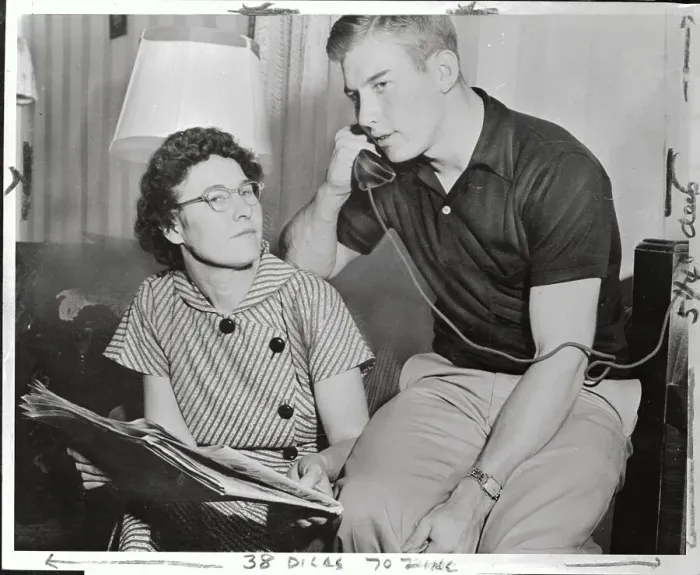 Framed Print : Mickey Mantle Talking on Telephone Near His Mother Framed Print : Mickey Mantle Talking on Telephone Near His Mother