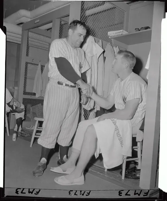 Framed Print : Mickey Mantle and Yogi Berra Shaking Hands in Locker Room Framed Print : Mickey Mantle and Yogi Berra Shaking Hands in Locker Room