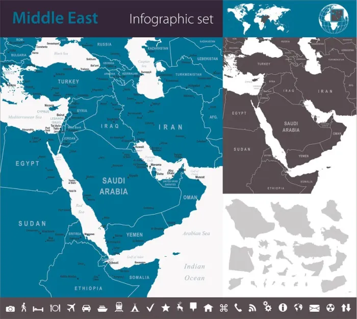 Framed Print : Middle East - Infographic map - illustration Framed Print : Middle East - Infographic map - illustration