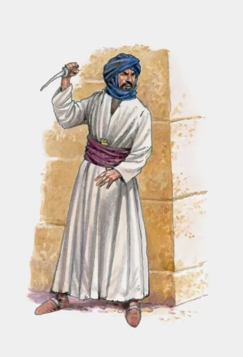 Framed Print : Middle eastern man standing near wall holding knife Framed Print : Middle eastern man standing near wall holding knife