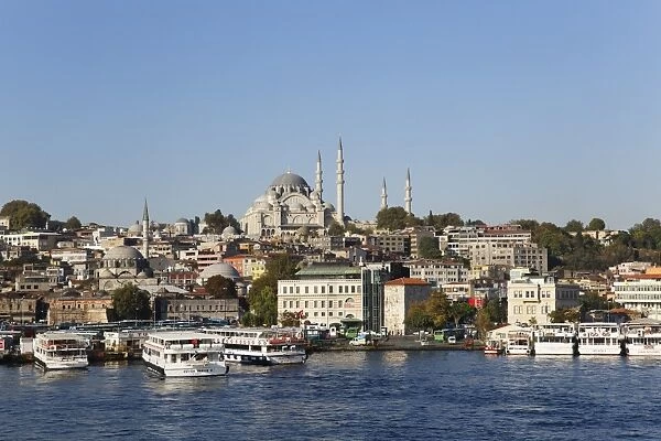 Middle, Suleymaniye Mosque, left, Rustem Pasha Mosque, Eminonu, Golden Horn, Istanbul, european side, Turkey, Europe, PublicGround