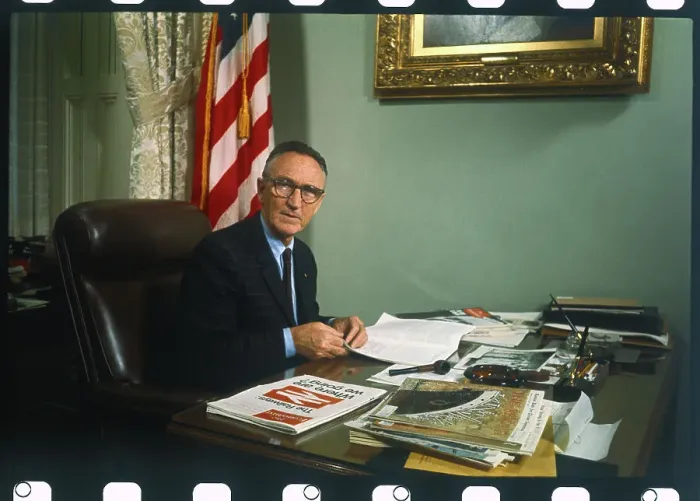Framed Print : Mike Mansfield Sitting at Desk