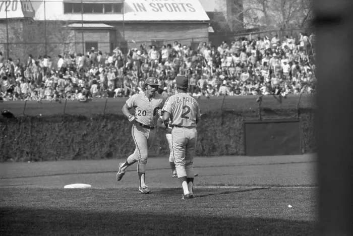 Framed Print : Mike Schmidt is Congratulated by Billy DeMars Framed Print : Mike Schmidt is Congratulated by Billy DeMars