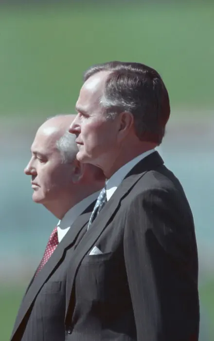 Framed Print : Mikhail Gorbachev and George Bush Listening to National Anthem Framed Print : Mikhail Gorbachev and George Bush Listening to National Anthem