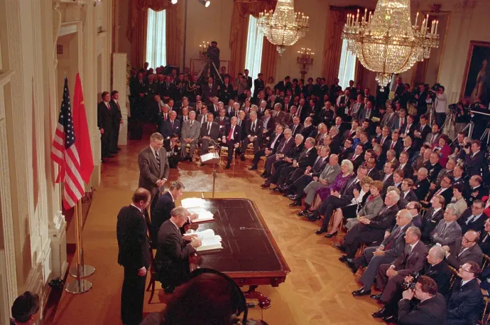 Framed Print : Mikhail Gorbachev and Ronald Reagan Signing Agreement Framed Print : Mikhail Gorbachev and Ronald Reagan Signing Agreement