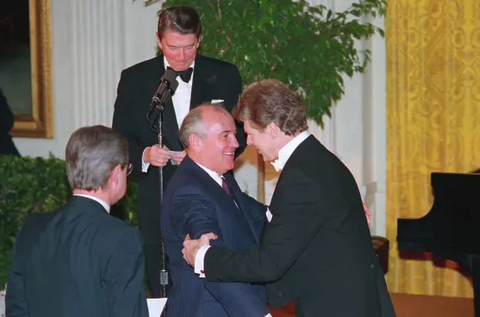 Framed Print : Mikhail Gorbachev and Van Cliburn Embracing