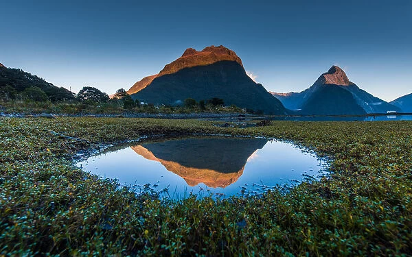 Milford sound with reflection in tidal pool