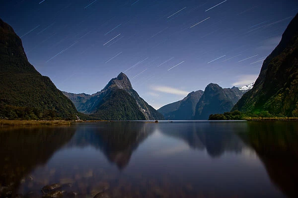 Milford sound with star trail and reflection