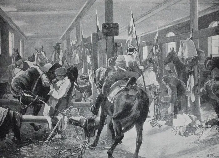 Framed Print : Military Alarm Exercise, in the Cavalry Stables, Prussia, 1880, Germany Framed Print : Military Alarm Exercise, in the Cavalry Stables, Prussia, 1880, Germany