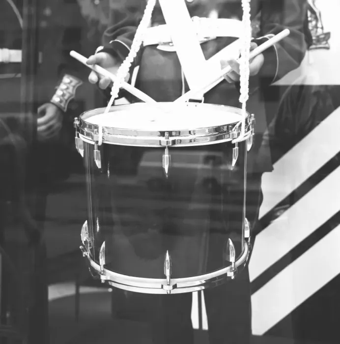 Framed Print : Military band drummer, reflection in window, (B&W), (mid section) Framed Print : Military band drummer, reflection in window, (B&W), (mid section)