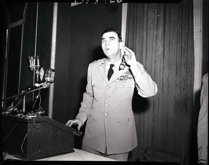 Framed Print : Military General Talking to Newsmen Framed Print : Military General Talking to Newsmen