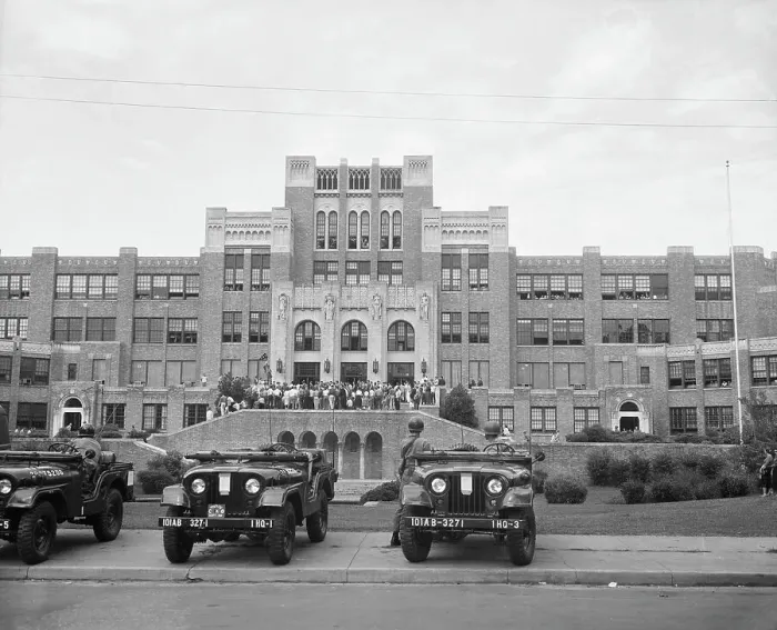 Framed Print : Military Jeeps Outside Desegregated Central High School Framed Print : Military Jeeps Outside Desegregated Central High School