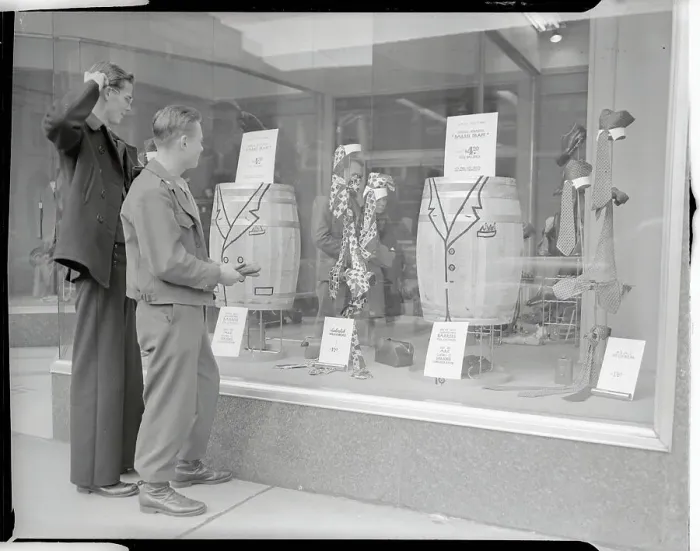 Framed Print : Military Men Gazing into Windows for Civilian Attire