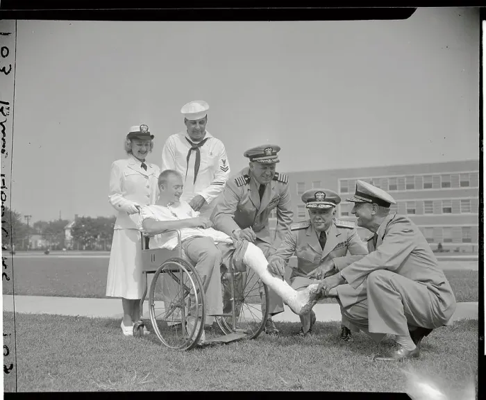 Framed Print : Military Officers with Patient in wheelchair Framed Print : Military Officers with Patient in wheelchair
