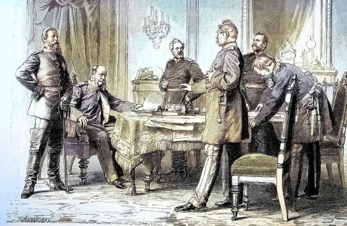 Framed Print : Military Persons in the Franco-Prussian War 1870, 1871, A Military Lecture in Versailles with Crown Prince Frederick William, King Wilheln, General von Blumenthal, War Minister von Roon, General von Podbielski and General Moltke, from left, France Framed Print : Military Persons in the Franco-Prussian War 1870, 1871, A Military Lecture in Versailles with Crown Prince Frederick William, King Wilheln, General von Blumenthal, War Minister von Roon, General von Podbielski and General Moltke, from left, France