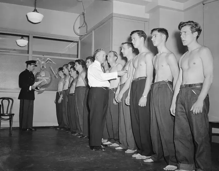 Framed Print : Military Recruits Being Examined While Standing in a Line