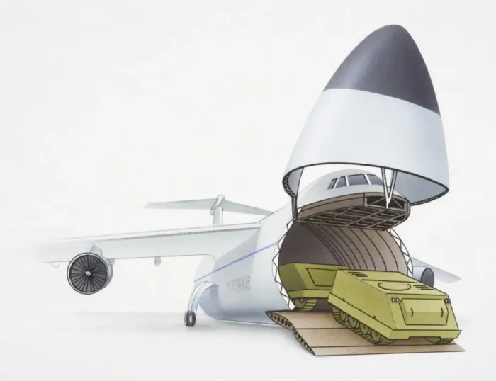 Framed Print : Military transport plane offloading armoured personnel carriers, nose cone open and raised, green tanks driving over ramp, front view Framed Print : Military transport plane offloading armoured personnel carriers, nose cone open and raised, green tanks driving over ramp, front view