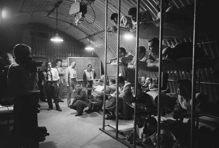 Framed Print : Military Volunteers Relaxing in Bomb Shelter Framed Print : Military Volunteers Relaxing in Bomb Shelter