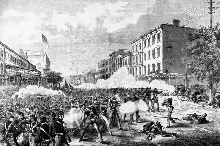 Framed Print : Militia Fire into Anti-Irish Riot Crowd Framed Print : Militia Fire into Anti-Irish Riot Crowd