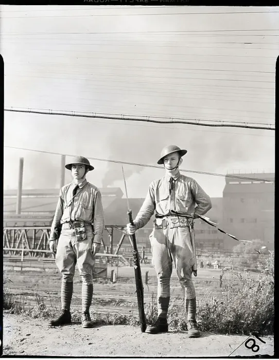 Framed Print : Militiamen Stand Guard at Factory Framed Print : Militiamen Stand Guard at Factory