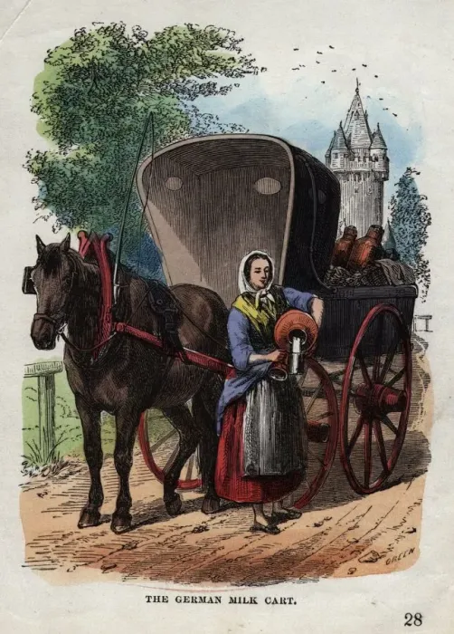 Framed Print : Milk Cart. circa 1820: A woman selling milk from a cart Framed Print : Milk Cart. circa 1820: A woman selling milk from a cart