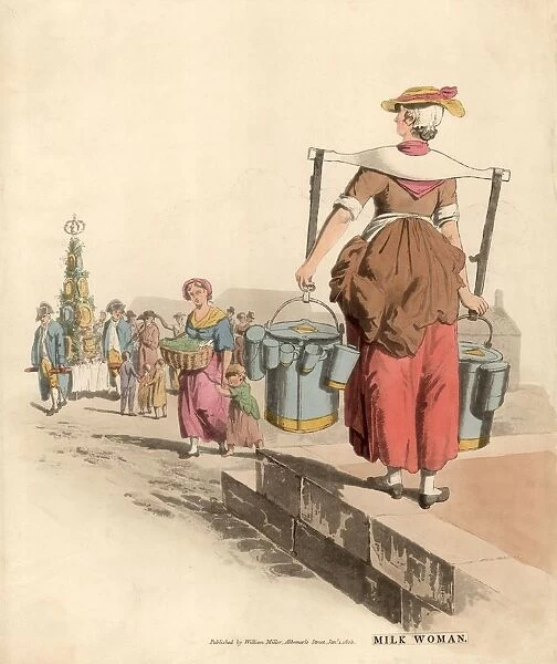 Milk Maid. 1st May 1805: A street trader selling milk from pails in the market place