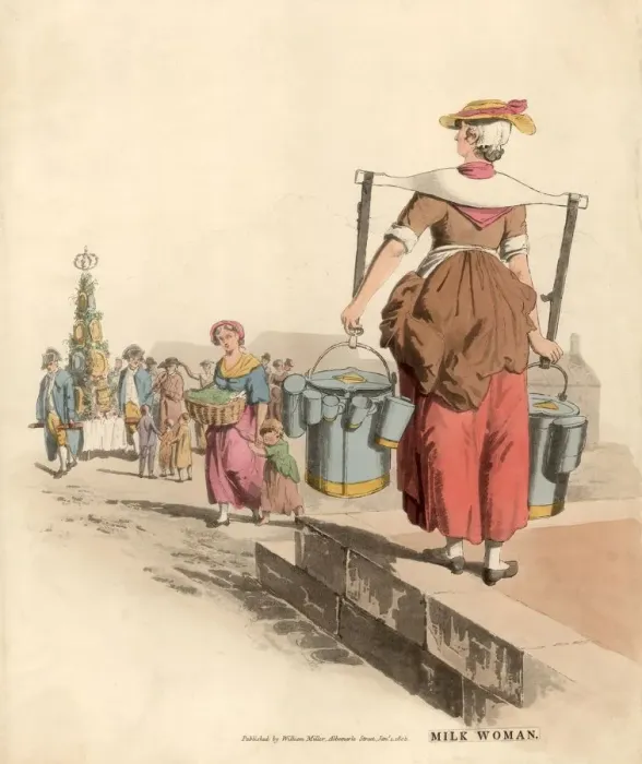 Framed Print : Milk Maid. 1st May 1805: A street trader selling milk from pails in the market place Framed Print : Milk Maid. 1st May 1805: A street trader selling milk from pails in the market place