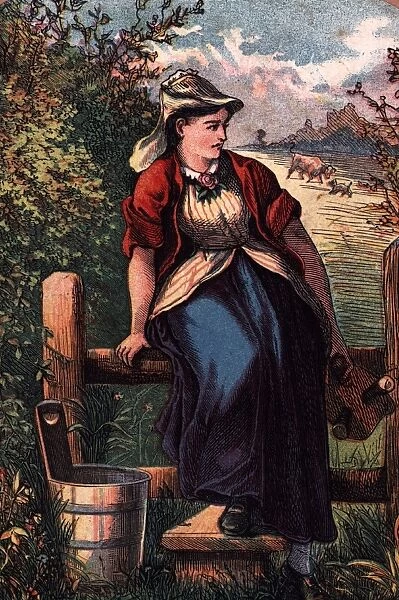 Milk Maid. circa 1800: A milk maid with a wooden bucket