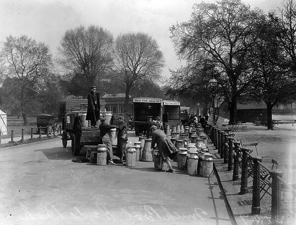 Milk Pool. May 1926: Volunteers load milk churns