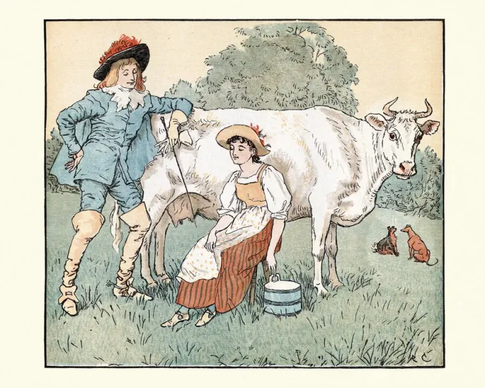 Framed Print : The milkmaid milking to cow with the young squire Framed Print : The milkmaid milking to cow with the young squire